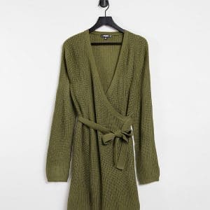 Missguided Plus - Kakifarvet slå om-kjole i strik med bælte-Grøn